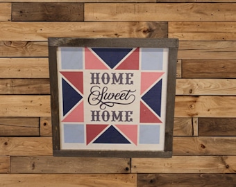 Home Sweet Home UV Printed Sign • Rustic Quilt Pattern Wood Decor • Modern Farmhouse Wall Art • Colorful Geometric Home Sign