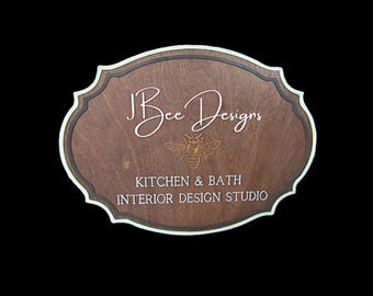 Refined Boutique Luxury Business Sign • Engraved Wooden Logo Plaque Bee Emblem • Premium Studio Branding for Kitchen & Bath Designers