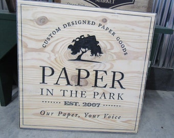 Square Park Tree Wood Carved Engraved Color Filled Business Commerical Signage Your Logo Handmade Custom Oversized Pine Store Front Sign