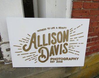 Custom Photography Sign Witness to Life & Beauty Logo Image Raised Letters 3D Gold and White Handmade Wooden Business Signage Wood