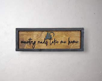 Rustic Primitive Country Roads Take Me Home Music Country Living Farmhouse Camp Home Decor Wall Hanging Cute Pine Moon Land Handmade 3D Sign
