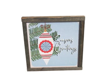 Season’s Greetings Sign – 3D Wooden Christmas Ornament Wall Art with Rustic Frame Vintage
