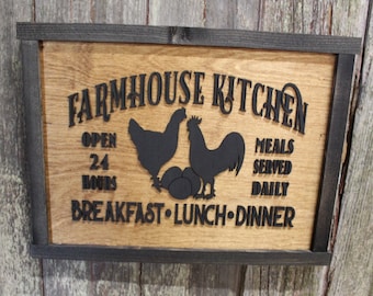 Farmhouse Menu Kitchen Wood Sign Chickens Open 24 Hours Meals Served Daily 3D Raised Text Framed Primitive Cabin Rustic Sign Chick Eggs