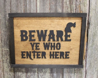 Gargoyle Beware Ye Who Enter Here Wood Sign 3D Raised Text Halloween Fall Brown Black Scary Warning Primitive Wall Hanging Decoration Decor