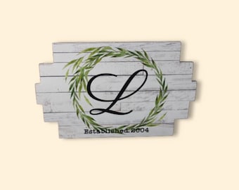UV Printed Family Monogram Sign • Modern Farmhouse Wreath Decor • Personalized Established Wood Sign
