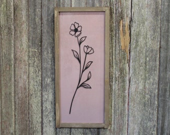 Raised Dogwood Magnolia Sign Plant 3D Botanical Plant Organic Mauve Black Decoration Wall Art Brown Wood Farmhouse Rustic Primitive Simple