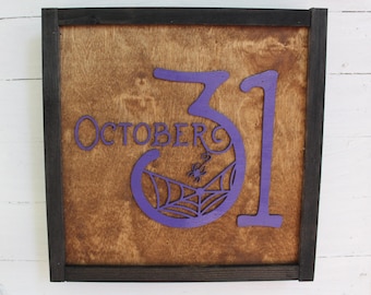 October 31st Halloween Square Wood Sign Rustic Purple Chic Web Spooky Seasonal Autumn Fall Outdoor Indoor Stained Framed Customizable