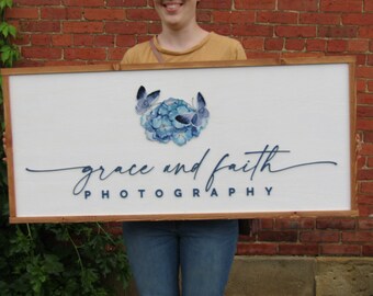 Custom Logo Photography Business Image Printed Raised Lettering Grace and Faith Butterflies Beauty Wooden Handmade Decor Photographer Sign