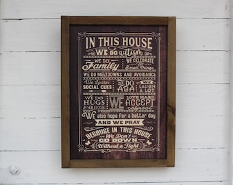 In This House We Do Autism Wood Sign Family Social Cues Celebrate ABA Hugs Prayer Wall Art Print Rustic Pallet Wood Hugs Love Meltdowns