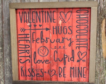 Valentines Wood Sign XOXO Text February Kiss Hug Phrases Heart Sweetest Day Valentines Day Red Shiplap Print Art Farmhouse Primitive Rustic