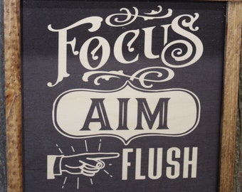 Focus Aim Flush Bathroom Wood Sign Half Bath Wall Art Wall Hanging Farmhouse Rustic Shiplap Funny Humor Retro Scroll Clean Bathroom Wash