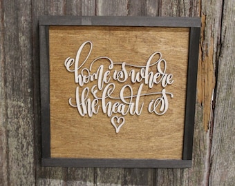 Home Is Where The Heart Is 3D Raised Text Script Wood Sign Love Family Country Primitive New Home Framed Wall Hanging Decoration Gift