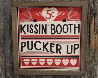 Kissin' Booth Wood Sign Pucker Up Valentines Day Hearts Red Love Kissing Brown Framed Print Wall Art Farmhouse Primitive Rustic Cupids Arrow
