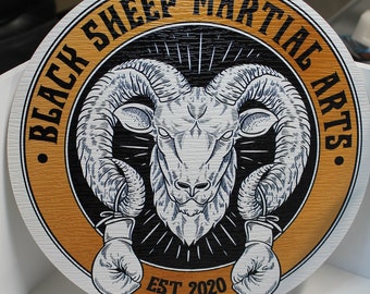 Martial Arts School Ram Sustainable Sheep Boxing Gloves Custom Weatherproof pvc Sign Textured Personalized Round Business Logo Commerical