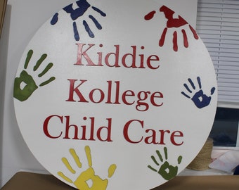 Kids Daycare School Handprints Custom Sign Round Rainbow Childcare Commerical Signage Single Double Sided Made to Order Logo Wooden Handmade