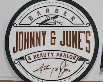 Beauty and Barber Bobby pin Razor Salon Parlor Custom Sign Round Commerical Signage Single Double Sided Made to Order Logo Wooden Handmade