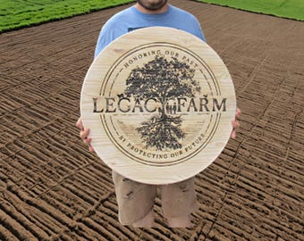 Custom Farm Logo Engraved Wood Sign • Deep Carved Homestead Sign • Rustic Round Barn or Family Farm Plaque
