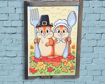 Thanksgiving Chipmunk Wall Art – Cute Pilgrim & Bonnet Characters on Fall Leaves – Autumn Decor for Kitchen, Classroom, or Seasonal Display