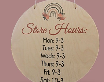 Printed Wood Store Hours Sign • Rainbow Floral Business Sign • Boutique Shop Door Decor • Custom Wooden Business Hours Display