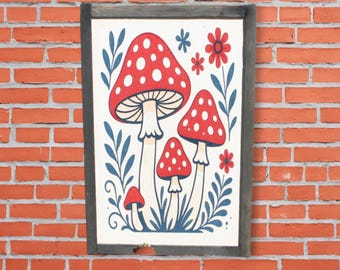 Folk Art Mushroom Wall Print – Red Toadstool Illustration with Flowers & Leaves – Whimsical Cottagecore Nature Decor for Home or Nursery