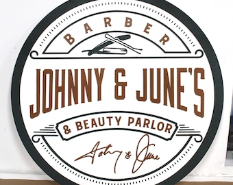 Custom Salon & Barber Sign – Round Wooden Logo Sign with Bobby Pin and Razor Design