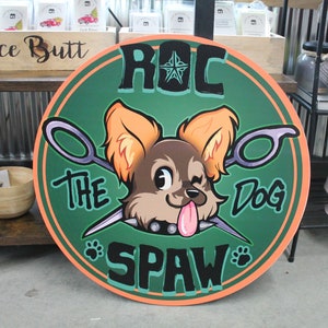 Dog Spa Business Sign Custom Printed Your Logo Puppy Paw Groomer Winking Cartoon Full Color Light Weight Door Hanger Store Front Signage