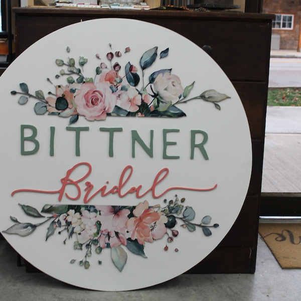 Floral Bridal Custom Round 3D Sign Wooden Handmade Signage Your Logo Full Color Match Available Bridal Store Wedding Venue Raised Lettering