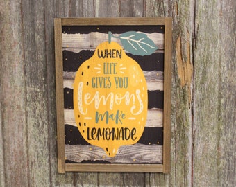 Lemon Decor Wood Sign When Life Gives You Lemons Rustic Framed Print Decor Farmhouse Decoration Primitive Lemon Striped Wall Décor