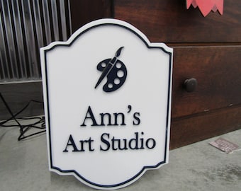 Art Studio Paint Brush Pallette Custom Personalized Contoured Signage Shop Business Sign Wooden Handmade 3D Raised Text Logo Minimalist
