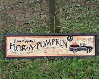 Linus and Sallys Pick A Pumpkin Pumpkin Patch Black Vintage Truck Long Wood Sign Printed Halloween Fall Autumn Decoration Decor Great