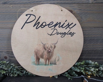 Custom Baby Birth Nursery Announcement Childs Name Room Highland Cow Wood Print Plaque Wall Decor Photography Keepsake Personalized Newborn