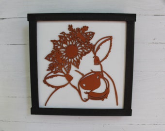 Cow Flower Crown Wood Sign 3D Raised Text Sunflower Floral Heifer Farm Cow Kissses Country Primitive Framed Wall Hanging  Porch Decor