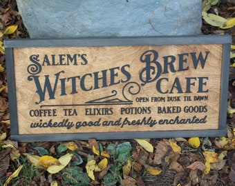 Witch Brew Cafe Salem Wood Rustic Sign Farmhouse Halloween October Autumn Fall Coffee Tea Baked Goods Wicked Fresh Unique Detailed Kitchen