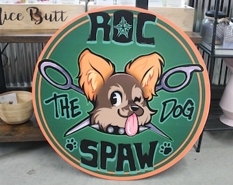 Dog Spa Business Sign Custom Printed Your Logo Puppy Paw Groomer Winking Cartoon Full Color Light Weight Door Hanger Store Front Signage