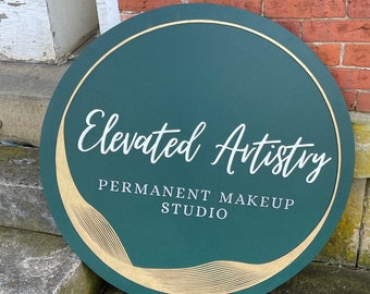 Custom Sign Round Business Makeup Studio Green Gold Elevated Commerical Signage Made to Order Logo Artist Permanent Circle Wooden Handmade