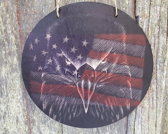 American Eagle American Flag Face Image Military  Wood Door Hanger Round Front Door Entry Way Decor Plaque Wall Art Wood Print