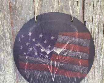 Patriotic Eagle Printed Wood Sign • American Flag Wall Art • Rustic USA Decor • Bald Eagle Patriotic Hanging Sign