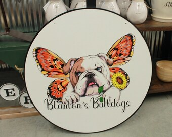 Bulldog Breeder Groomer Owner Butterfly Sign Logo Your Actual Logo Round Hanging Sign Booth Custom Circle Personalized Color Wood Print