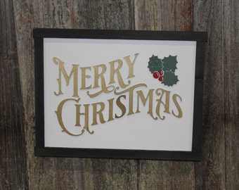 Merry Christmas Holly Berries Mistletoe 3D Classic Rustic Handmade Holiday Decor Christmas Spirit Gold Red Green Script