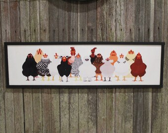 Framed Chicken Sign Large Over Sized Flock Rooster Hen Assorted Breeds Colored Wood Print Silkie Rhode Island Red Wyandotte