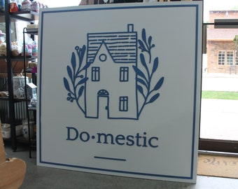 Domestic Home Design Custom Sign Square Business Commerical Signage 3D Blue and White Laurels Home Boutique Made to Order Wooden Handmade