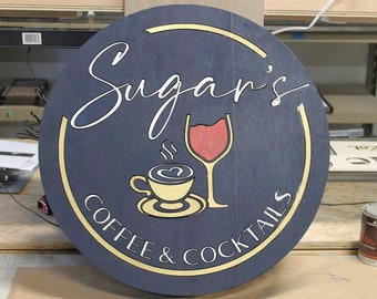 Coffee And Cocktails Light up LED Wooden Handmade Indoor Kitchen Coffee Shop Sign Custom Made Wine Glass Mug Round Remote Light Changing