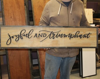 Joyful and Triumphant Sign Winter Wood Christmas Large Raised Text Script Holiday Décor Wall Art Framed 3D Primitive Rustic