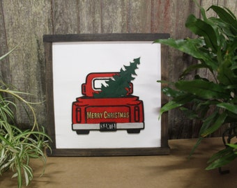 Red Truck Wood Sign Merry Christmas Hauling Christmas Tree 3D Raised Décor Decoration Wall Art Farmhouse Rustic Handmade