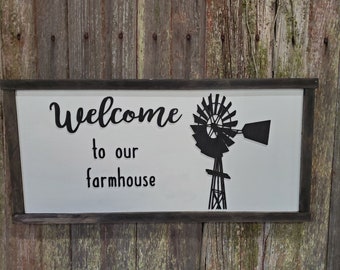 Welcome to Our Farmhouse Windmill Rustic Farmhouse Sign 3D Raised Black and White Country Framed Shabby Chic Wall Decor