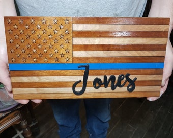 Thin Blue Line, Personalized American Flag Wood Sign, First Responders, Police, Law Enforcement, Fire, EMS, Communications