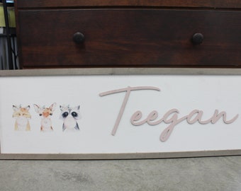 Custom Wood Sign Woodland Cute Fox Deer Baby Nursery Forest Theme Animal Friends Crib Sign Handmade Printed Image Bubble Gum Floral Crown
