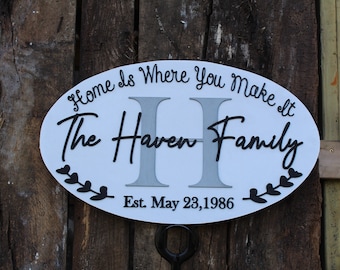 Custom Monogram Last Name Sign Wood Oval Personalized Family Wedding Gift Established Date Home is Where You Make It Raised 3D Script Laurel