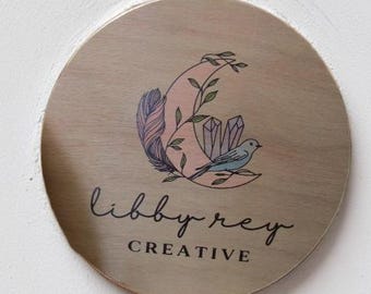 Custom Logo Wood Sign: Moon, Crystals, Bird Design - Small Business Booth Decor