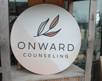 Custom Sign Counseling Leaf Onward Watercolor Print and Raised Round Business Commerical Signage Made to Order Logo Circle Wooden Handmade